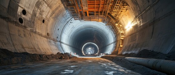 Fototapeta premium Construction of a large tunnel for transportation under a city with workers and machinery present at night