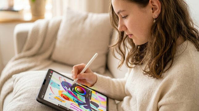 Woman artist drawing on digital tablet with stylus. Illustrator working on graphic project at home. Creative design process using modern technology for digital art and illustration.