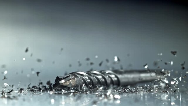 Closeup drill flute with shavings, swarf and fragments scatter, Filmed on a high-speed camera at 1000 fps.