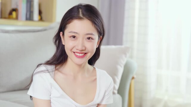Portrait of happy woman relaxing sitting on the couch sofa in the living room at home and smiling at camera while an aroma diffuser quietly releases steam in the foreground