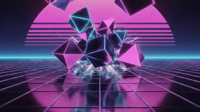 Retro futuristic grid room with glowing geometric shapes and neon lights