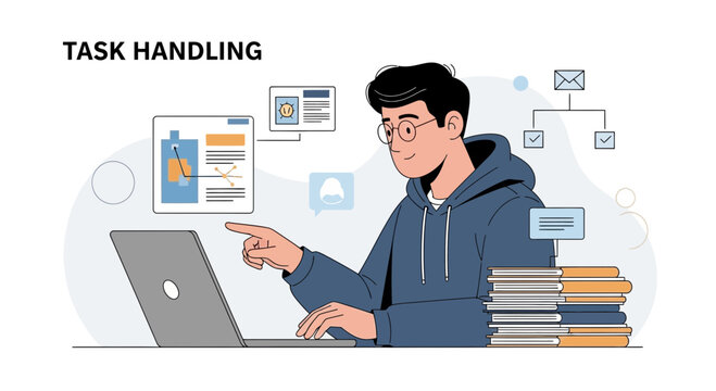 Young man operating laptop with task management interface and books stack