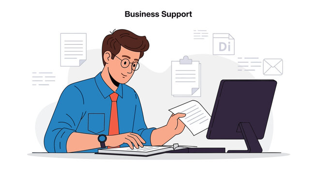 Young man working at computer with documents, business support concept illustration