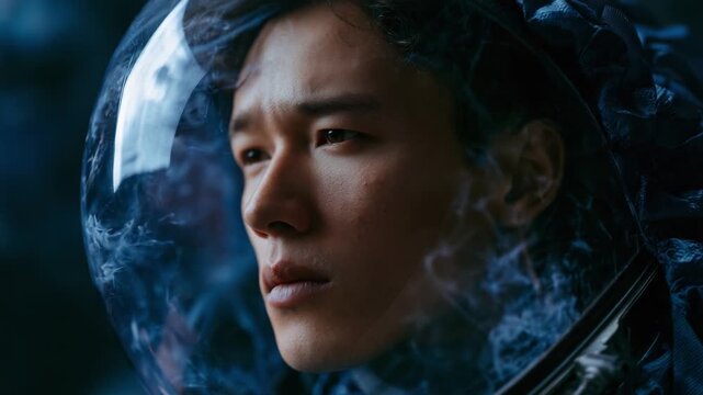 A contemplative close-up of an astronaut engulfed in a misty atmosphere, reflecting the vastness and mystery of space exploration in a deeply introspective moment.