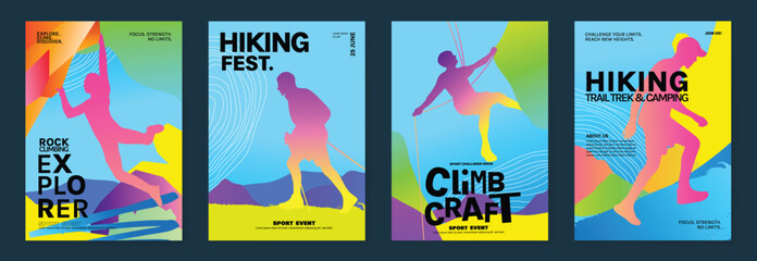 Fototapeta premium Rock climbing poster vector set. Colorful indoor sport event flyers with silhouette climbers, abstract geometric holds and modern gradient backgrounds.