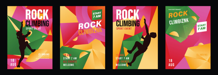 Naklejka premium Rock climbing poster vector set. Colorful indoor sport event flyers with silhouette climbers, abstract geometric holds and modern gradient backgrounds.