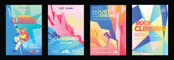 Naklejka premium Rock climbing poster vector set. Colorful indoor sport event flyers with silhouette climbers, abstract geometric holds and modern gradient backgrounds.