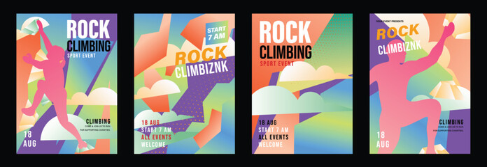 Naklejka premium Rock climbing poster vector set. Colorful indoor sport event flyers with silhouette climbers, abstract geometric holds and modern gradient backgrounds.
