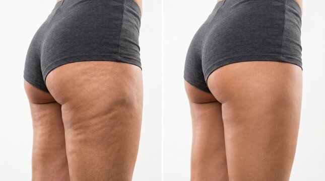 Woman buttocks comparing skin with cellulite and after treatment. Comparison of body transformation for weight loss and cosmetology results. Improvement of skin texture and fat reduction.
