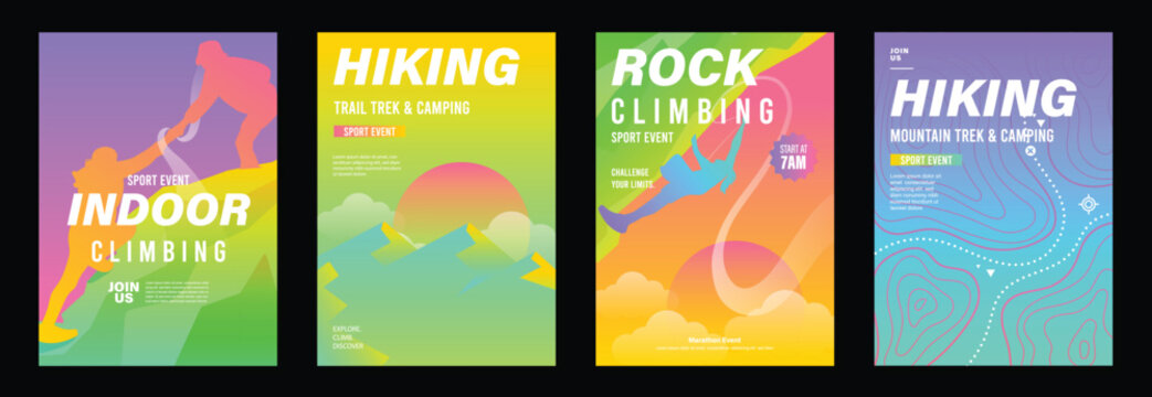 Rock climbing poster vector set. Colorful indoor sport event flyers with silhouette climbers, abstract geometric holds and modern gradient backgrounds.