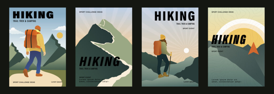 Hiking sport poster vector set. Outdoor adventure flyers with mountain trekking, rock climbing, silhouette hikers and topographic map backgrounds.