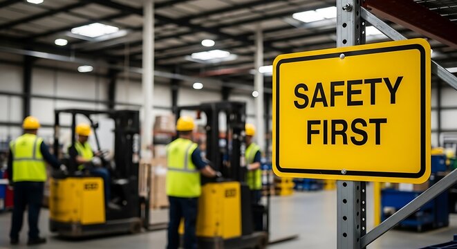 Yellow safety first sign in industrial warehouse with forklift workers