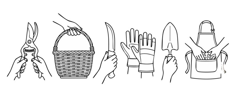 Gardening tools line art icons showing hands holding pruning shears, a basket, harvest knife, work gloves, trowel, and apron for agricultural horticulture, organic farming, minimalist vector graphics.