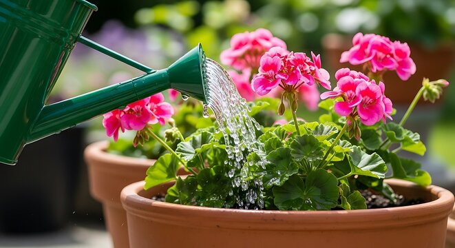 Green watering can pouring water on pink geranium flowers in terracotta pot
