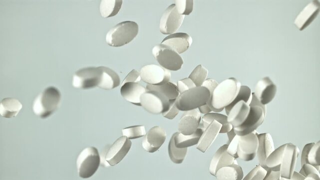 White tablets float in minimal pale studio, sterile pill imagery Filmed on a high-speed camera at 1000 fps.