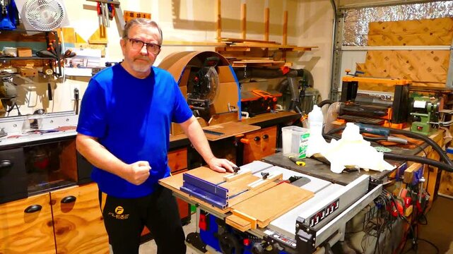 Indoor static medium shot captures a male woodworker talking and gesturing toward a custom blue aluminum fence extrusion track attached to a crosscut sled jig over a table saw in a home garage.