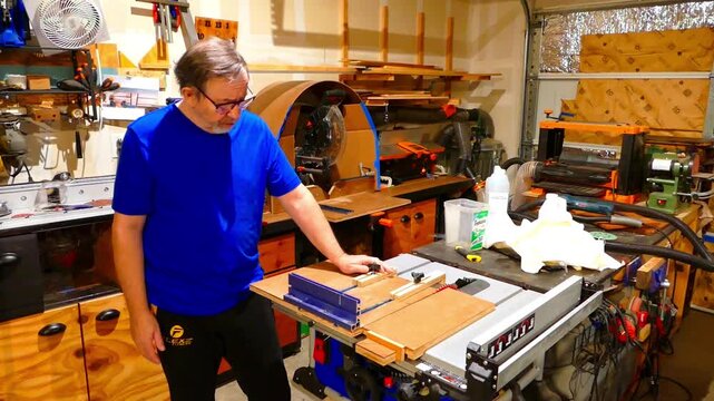 Indoor static medium shot captures a male craftsman standing by a table saw machine showing a custom blue aluminum fence extrusion mounted onto a wooden crosscut sled jig inside a home workshop.