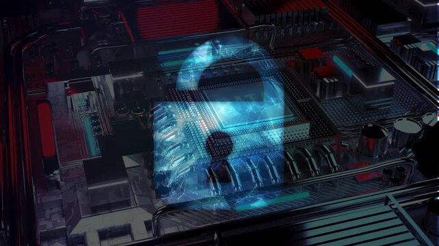 Glow blue padlock wireframe security overlay on top of red realistic computer motherboard hardware component close up