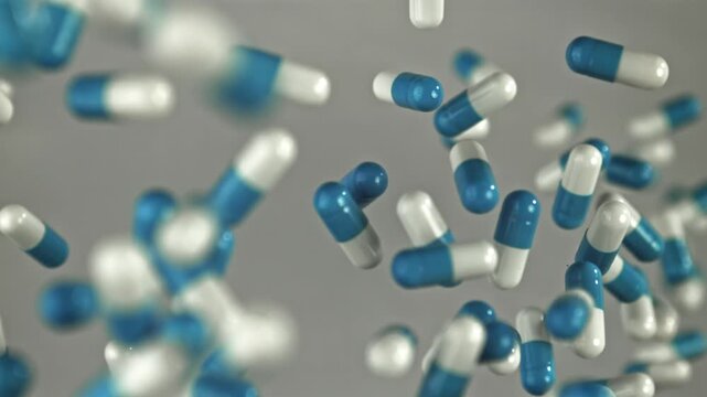 Blue and white capsules swarm over gray background, generic medication Filmed on a high-speed camera at 1000 fps.