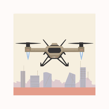 Electric VTOL Aircraft Hovering Over Futuristic City at Dawn