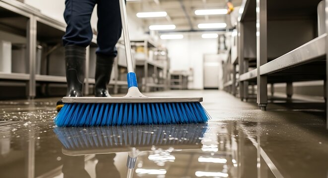 Person mopping wet floor in industrial kitchen with blue push broom