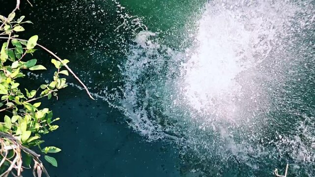 A high-altitude dive into a deep well creates a massive splash. The rapid collapse of the underwater air cavity forces a powerful central jet of water to shoot straight up.