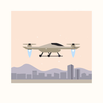 Electric VTOL Aircraft Hovering Over Futuristic City at Dawn