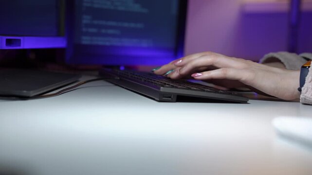 Dual hands typing and writing during code review with glowing monitors and purple ambient lighting, one developer typing on keyboard while other captures feedback in notebook, focused collaboration