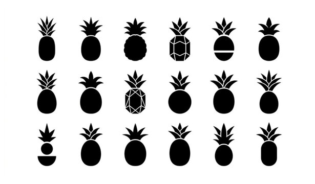 Stylized pineapple silhouette icon set tropical fruit vector collection isolated on white