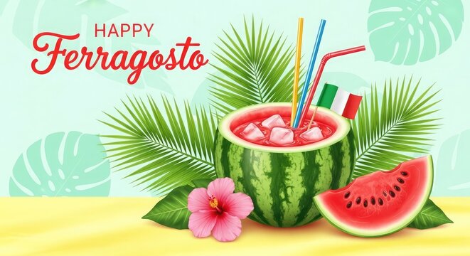 Happy ferragosto celebration with refreshing watermelon drink and tropical leaves on yellow table