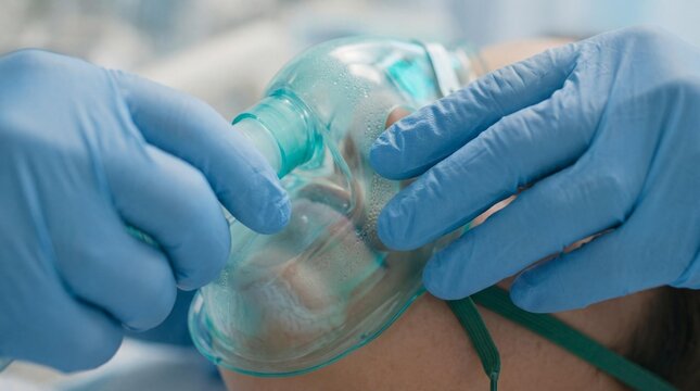 Medical professional using bag valve mask on patient in emergency situation with blue gloves