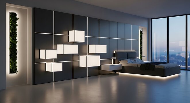 Futuristic luxury bedroom with glowing cube wall lights, modern dark interior design, minimalist master suite with ambient neon lighting and city view