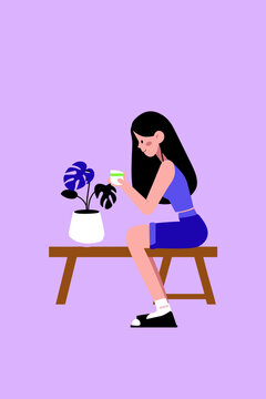 Woman Checking Smart Plant Pot Sensor with Green LED Indicator