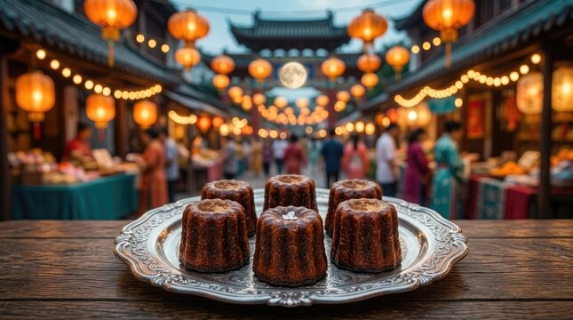 Caneles on a silver plate in a traditional asian market