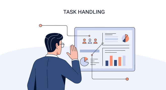 Man analyzes business charts on digital screen, task management concept