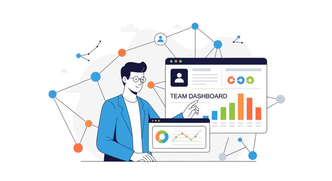 Man Analyzing Team Dashboard with Charts and Network Connections