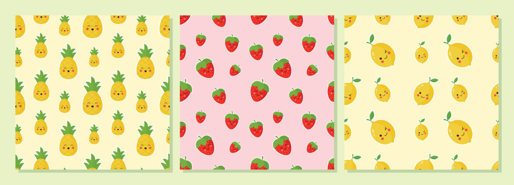 A cute seamless pattern collection featuring colorful pineapple, strawberry, and lemon fruit illustrations on soft pastel backgrounds. Perfect for summer designs, textile prints, wrapping paper, packa