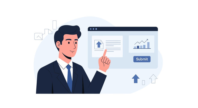 Man clicking Submit button on digital dashboard with analytics and upload icons