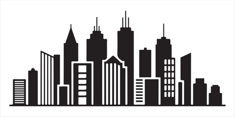 Obraz premium City skyline silhouette illustration, modern urban landscape with various tall buildings.