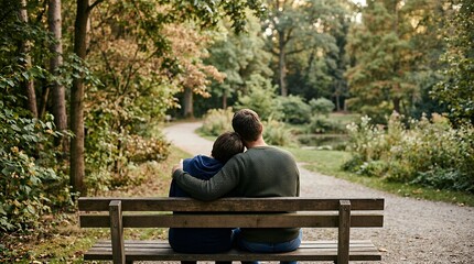 Fototapeta premium Father and son embracing on park bench heartwarming family moment outdoors