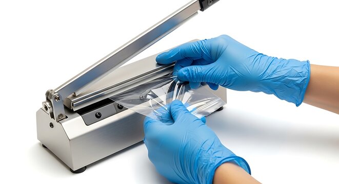 Closeup of hands in blue gloves sealing plastic with vacuum sealer machine