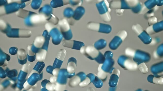 Floating blue and white capsules on gray background, closeup macro Filmed on a high-speed camera at 1000 fps.