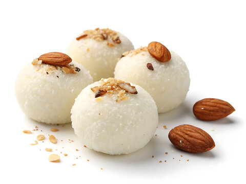 Coconut laddoo white coconut balls with almond topping, isolated