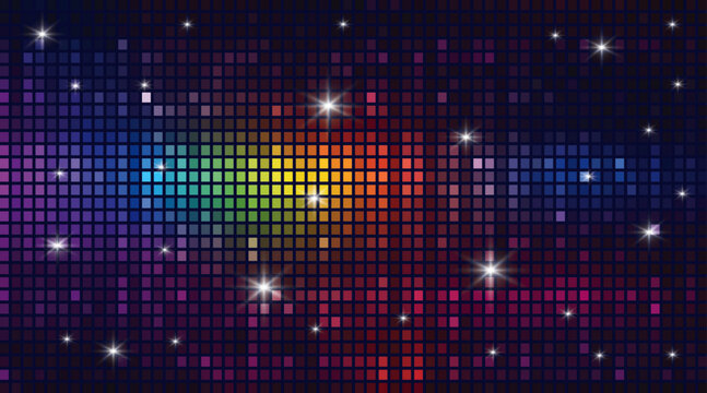 Disco dance floor background with colorful rainbow pixel lights and sparkling stars. A vibrant and colorful retro disco background featuring a mosaic grid of glowing square tiles in rainbow colors.
