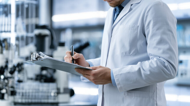 Professional Doctor in White Lab Coat Taking Notes in Laboratory
