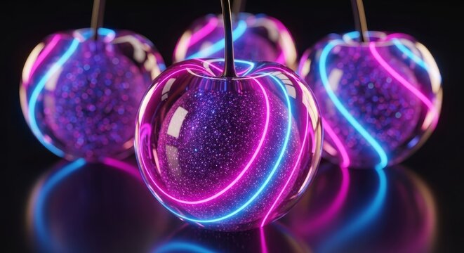 Neon cherry trio with glowing pink and blue light trails for futuristic banner and synthwave background