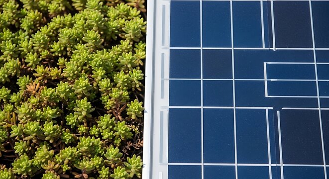 Close up of green succulent plants beside blue solar panels