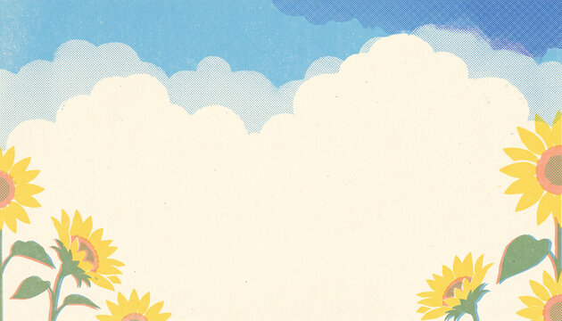 青空と入道雲とひまわりの夏背景イラスト コピースペース付き