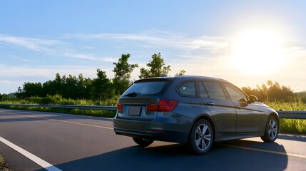 Fototapeta premium A vehicle rests on a scenic road surrounded by lush greenery under bright daylight evoking a feeling of travel and freedom