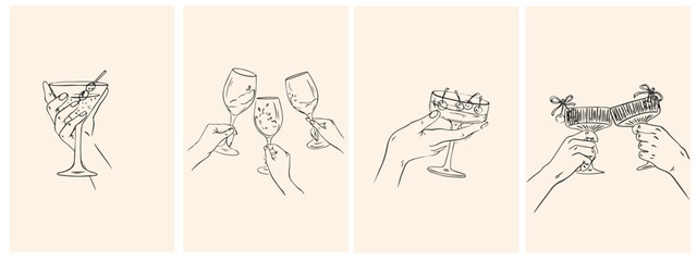 Hand drawn cocktails posters. Cheers set with hands holding glasses at party celebration. Italian style dinner party. Ink doodle wine, margarita or cocktails for wedding invitations, menus, placards